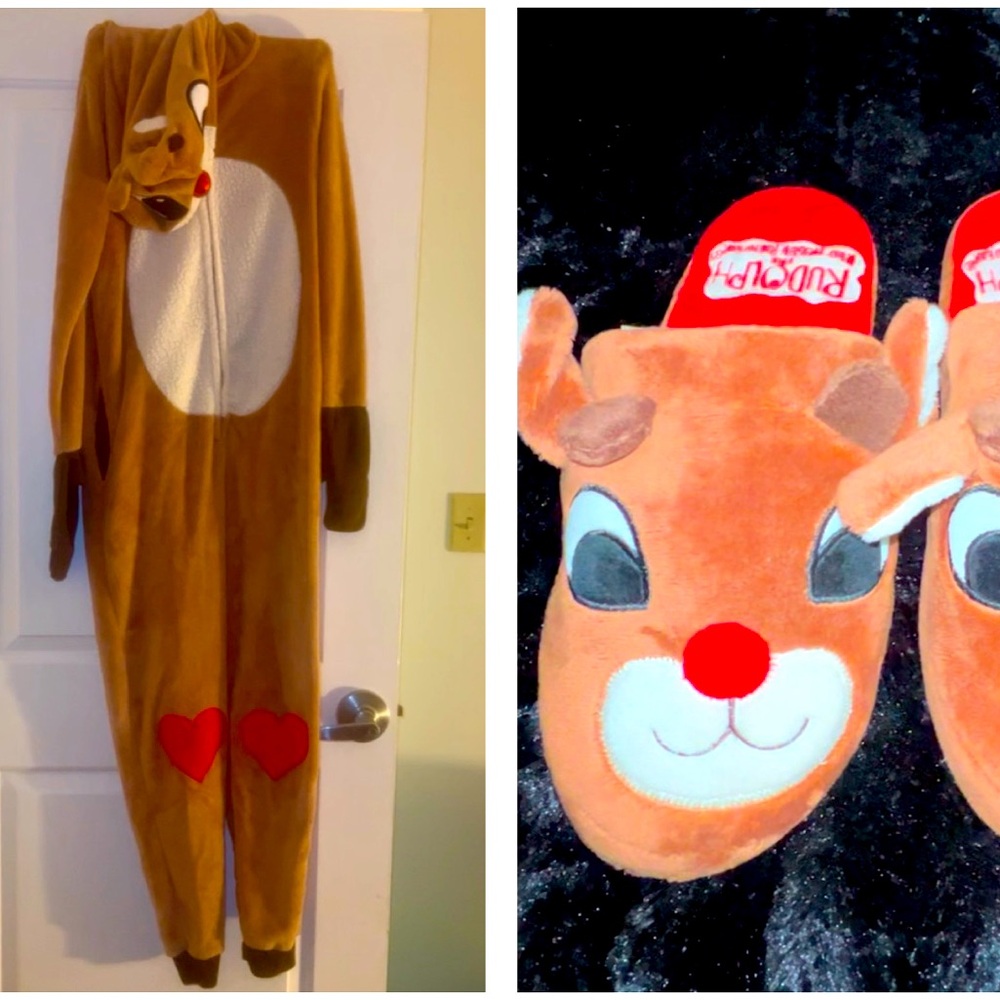 Rudolph One-Piece Zippered Pajamas & slippers